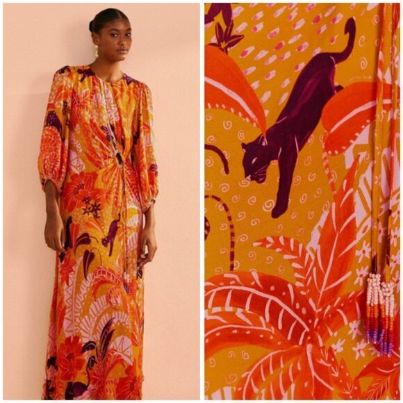 💕FARM RIO💕 Beige Jungle Panther Lenzing™ Ecovero™ Viscose Midi Dress ~ L NWT - Picture 1 of 17